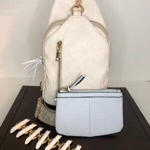 Antik Kraft Sling Backpack, Black Rivet Card/Coin Purse, Vintage Bracelet BUNDLE